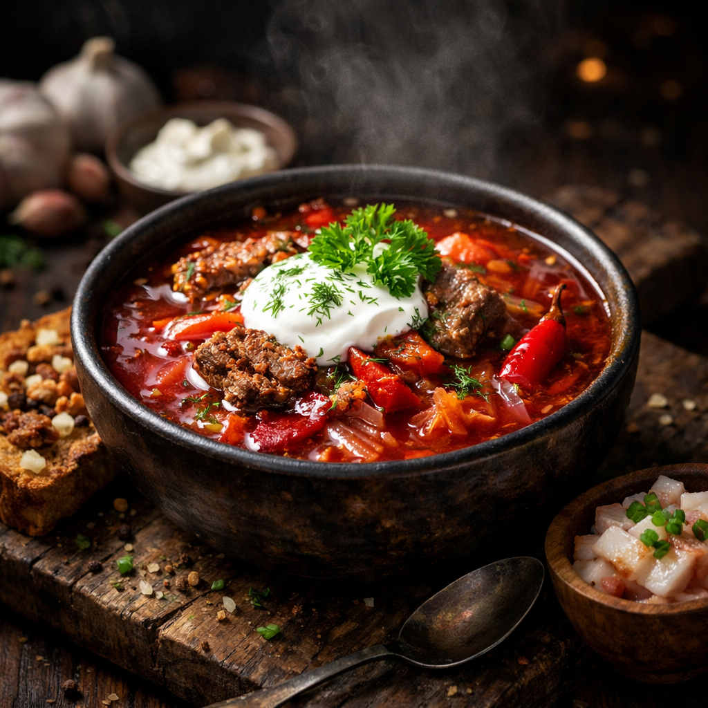 
          A vibrant and hearty Ukrainian beetroot soup with tender beef, earthy beets, and fresh dill — a meal in a bowl.
        