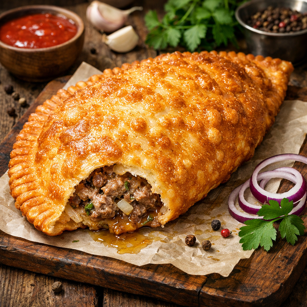 
          Golden, crispy half-moon shaped fried pastries filled with seasoned ground meat — a popular street food across the Caucasus.
        